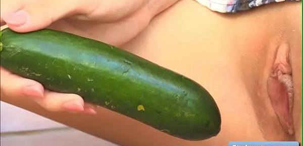  Sexy and horny natural big tit brunette hot amateur Nina fucks her juicy bald pussy with large cucumber